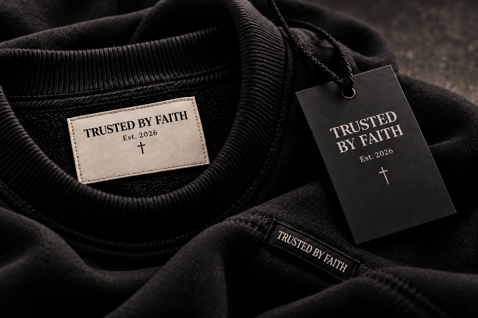 Trusted by Faith woven neck label, matte black hang tag, and seam label concepts